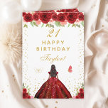 Red Floral Dark Skin Girl Happy Birthday Card<br><div class="desc">This elegant and glamourous birthday card can be personalised with a name or title such as daughter, granddaughter, niece, friend etc. The design features a beautiful princess with dark hair and dark skin in a red ball gown. The text combines handwritten script and modern sans serif fonts for a classy...</div>