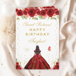 Red Floral Dark Skin Girl Sweet Sixteen Card<br><div class="desc">This elegant and glamourous sweet sixteen birthday card can be personalised with a name or title such as daughter, granddaughter, niece, friend etc. The design features a beautiful princess with dark hair and dark skin in a red ball gown. The text combines handwritten script and modern sans serif fonts for...</div>