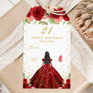Red Floral Dark Skin Princess Birthday Party Gift Tags