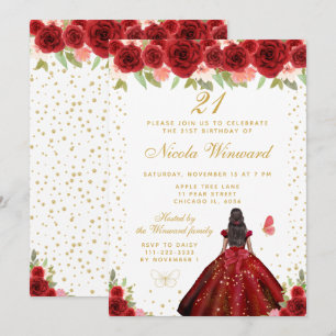 Red Floral Dark Skin Princess Birthday Party Invitation