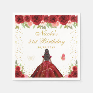 Red Floral Dark Skin Princess Birthday Party Napkin