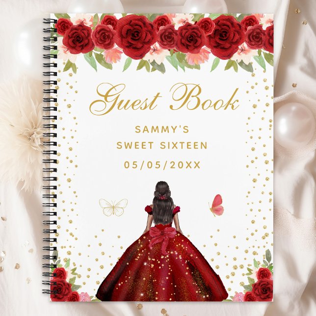 Red Floral Dark Skin Princess Sweet Sixteen Notebook (Creator Uploaded)