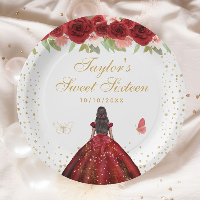 Red Floral Dark Skin Princess Sweet Sixteen Paper Plate (Creator Uploaded)