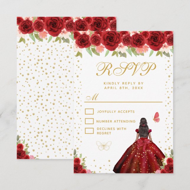 Red Floral Dark Skin Princess Sweet Sixteen RSVP Card (Front/Back)
