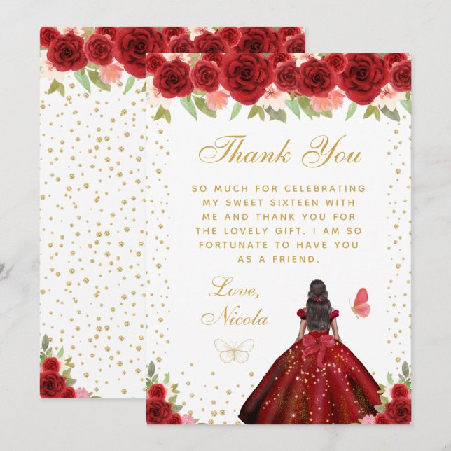 Red Floral Dark Skin Princess Sweet Sixteen Thank You Card (Front/Back)
