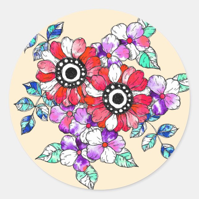 Red floral decoration classic round sticker (Front)