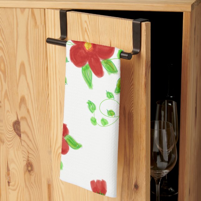 Red Floral Designer Tea Towel (Thirds Fold)
