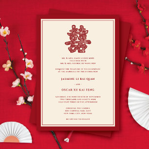 Red Floral Double Happiness Modern Chinese Wedding Invitation