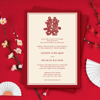 Red Floral Double Happiness Modern Chinese Wedding Invitation