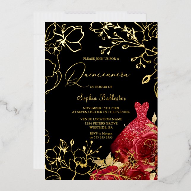 Red Floral & Dress Black Quinceanera Gold Leaves (Envelope)