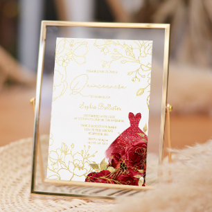 Red Floral & Dress Quinceanera Gold Leaves