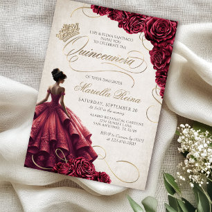 Red Floral Dress Quinceañera Invitation