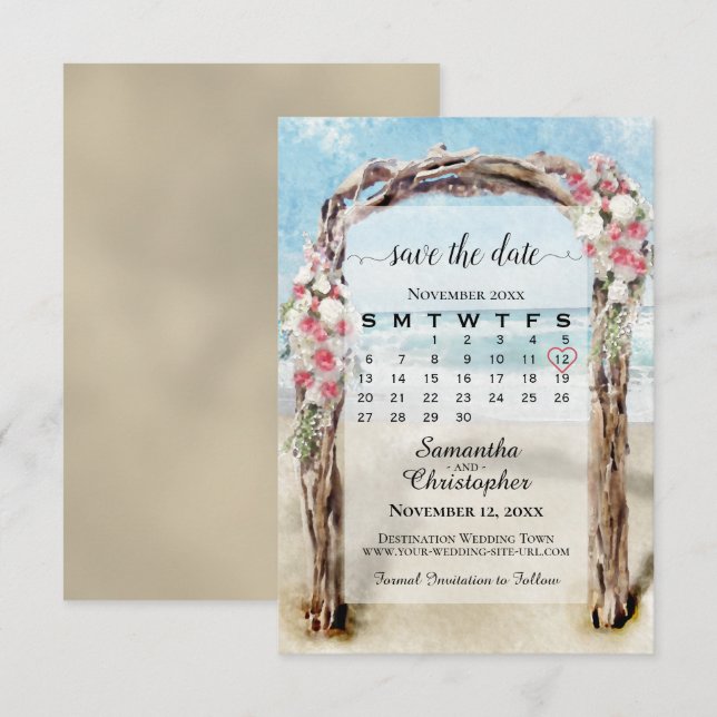 Red Floral Driftwood Beach Arbor Calendar Wedding Save The Date (Front/Back)