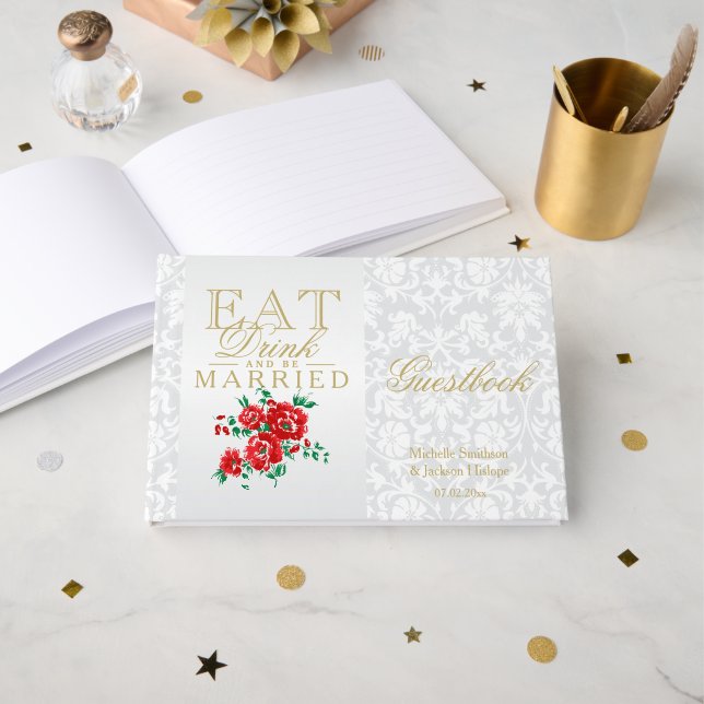 Red Floral Eat, Drink and Be Married Guestbook (Front Open)