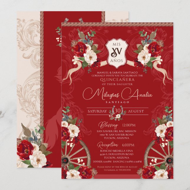 Red Floral Elegant Baroque Charra Quinceañera Invitation (Front/Back)