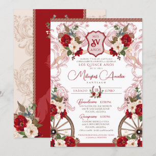 Red Floral Elegant Baroque Charro Quinceañera Invitation