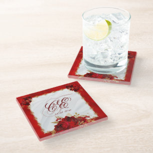 Red Floral Elegant Gold Wedding Monogram Glass Coaster
