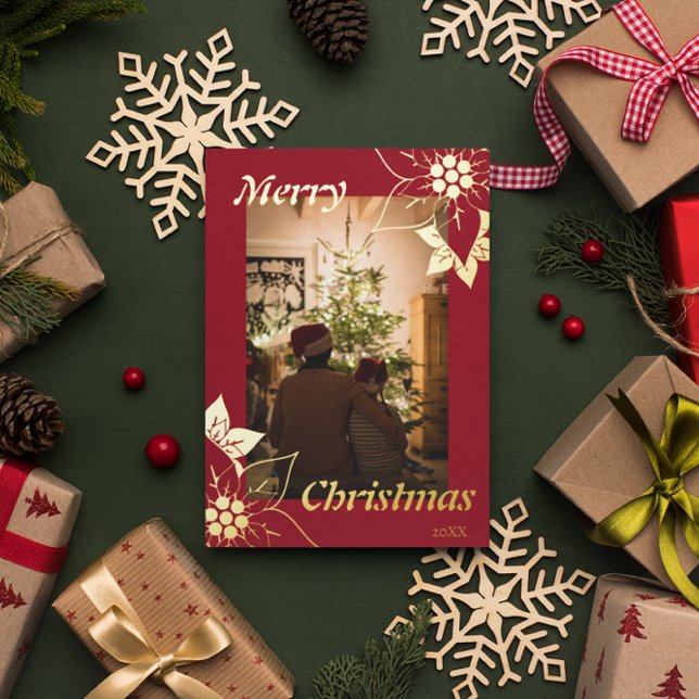 Red Floral Elegant Merry Christmas Portrait Photo Foil Holiday Card (Creator Uploaded)