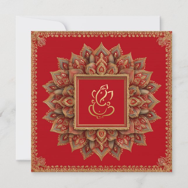 Red Floral Ethnic Ganesh Indian Wedding Invitation (Front)