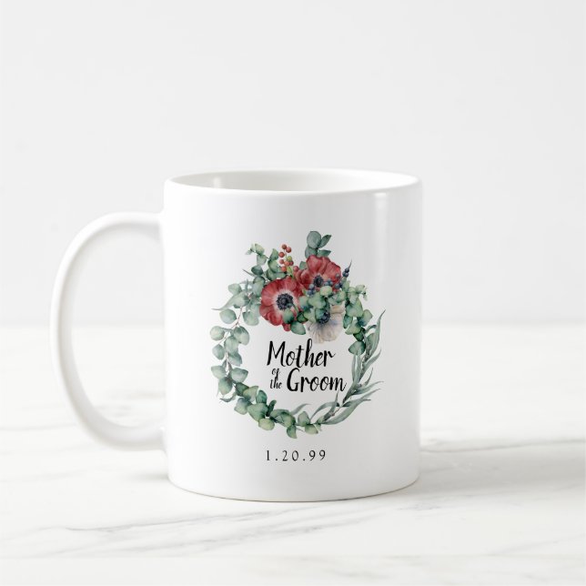 Red Floral Eucalyptus Mother of the Groom Coffee Mug (Left)