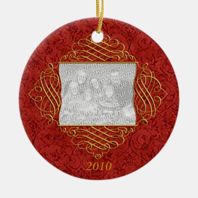 Red Floral Family Photo Ornament (Front)