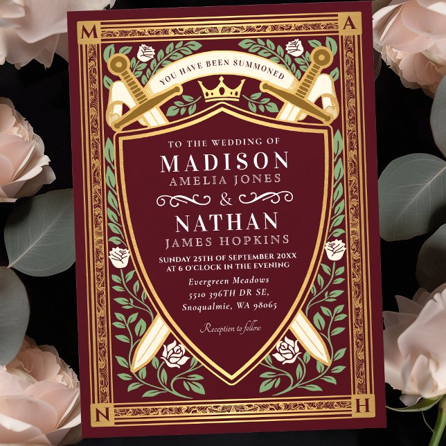 Red Floral Fantasy Swords Shield Monogram Wedding Invitation (Creator Uploaded)