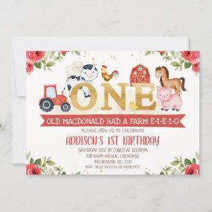 Red Floral Farm Animals First Birthday Invitation