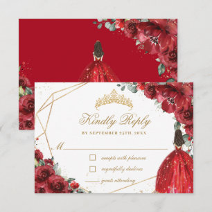Red Floral Flower Quinceañera Gold Princess Crown  RSVP Card