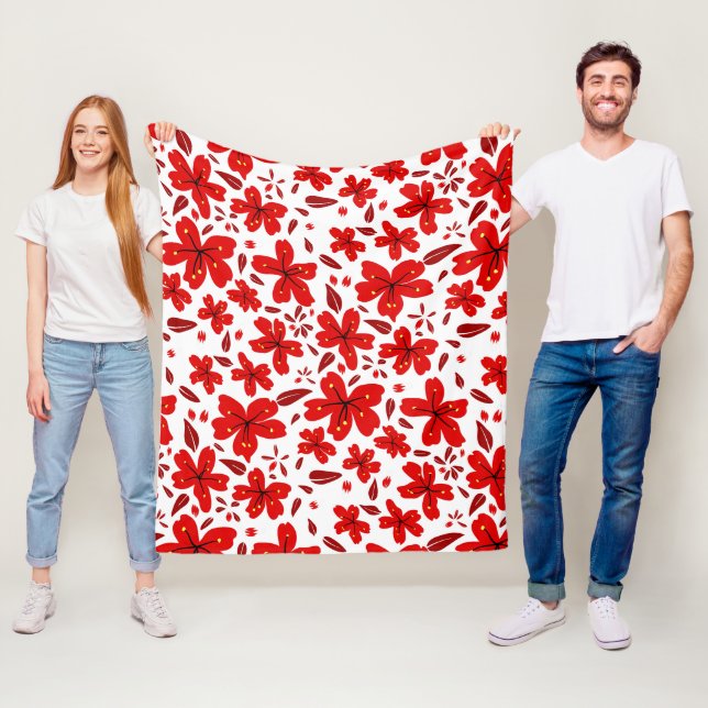 Red Floral Flowers Fleece Blanket (In Situ)