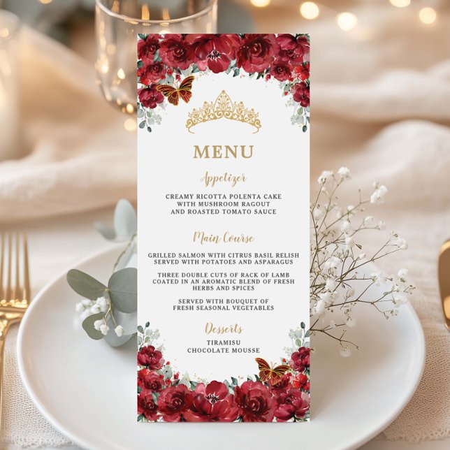 Red Floral Flowers Gold Quinceanera Birthday Menu (red-floral-flowers-gold-butterflies-quinceanera-Quinceañera-15-xv-sweet-sixteen-16-birthday-menu)