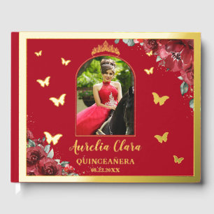 Red Floral Flowers Gold Quinceañera Quince Photo Guest Book