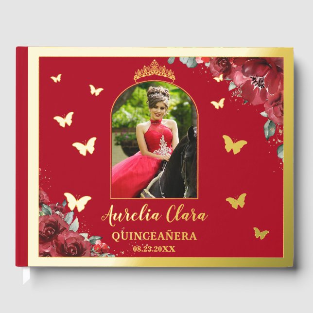 Red Floral Flowers Gold Quinceañera Quince Photo Guest Book (Front)