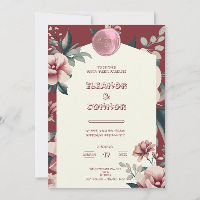 Red Floral Frame Wedding Invitation (Front)