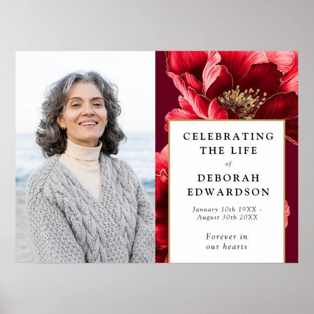 Red Floral Funeral Celebration Of Life Photo Sign (Front)