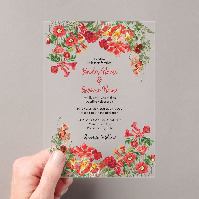 Red Floral Garden Botanical Flowers Wedding Acrylic Invitations (Insitu (Handheld))