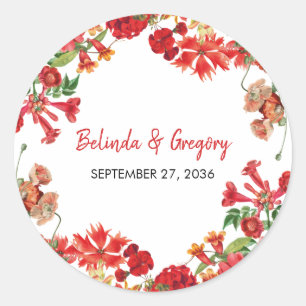 Red Floral Garden Botanical Flowers Wedding Classic Round Sticker