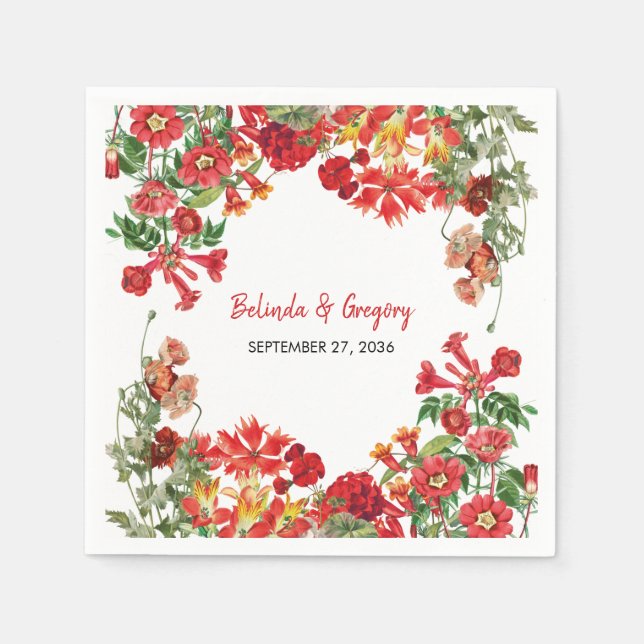 Red Floral Garden Botanical Flowers Wedding  Napkin (Front)