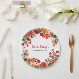 Red Floral Garden Botanical Flowers Wedding Paper Plate