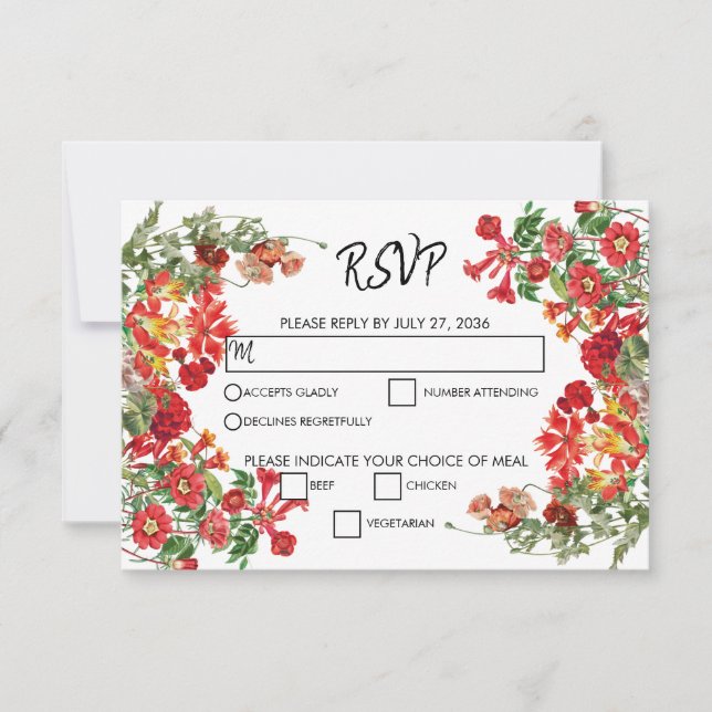 Red Floral Garden Botanical Flowers Wedding  RSVP Card (Front)