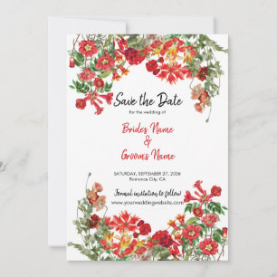 Red Floral Garden Botanical Flowers Wedding  Save The Date