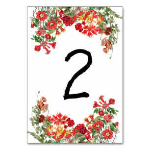 Red Floral Garden Botanical Flowers Wedding  Table Number