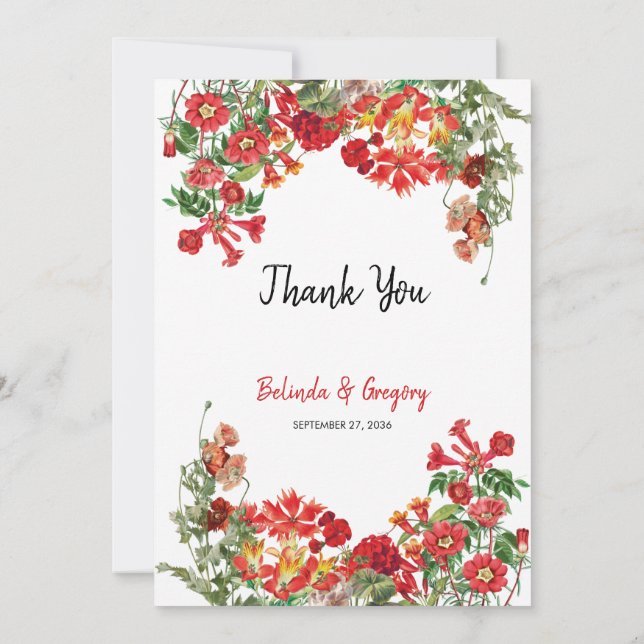 Red Floral Garden Botanical Flowers Wedding Thank You Card (Back)