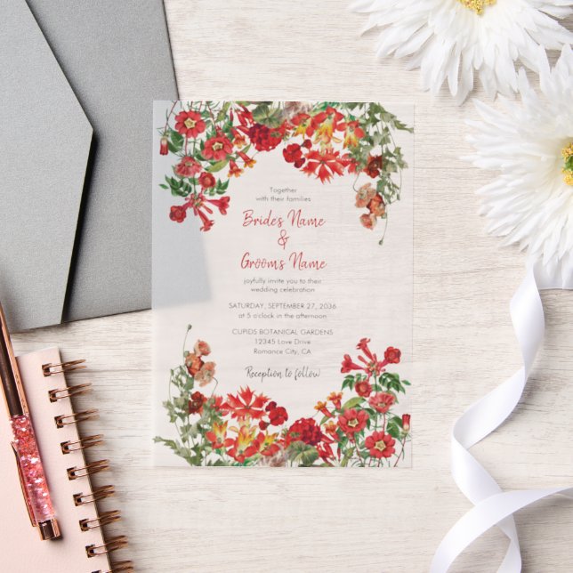 Red Floral Garden Botanical Flowers Wedding Vellum Invitations (Wedding)