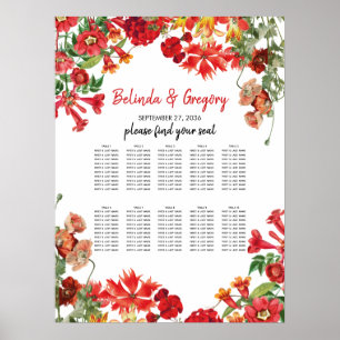 Red Floral Garden Flowers Wedding Seating Chart