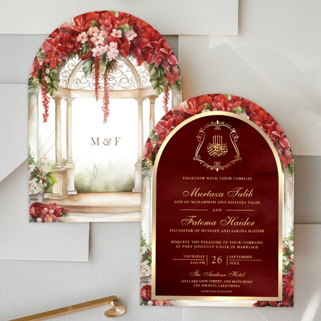 Red Floral Garden of Paradise Arch Muslim Wedding Invitation (Creator Uploaded)