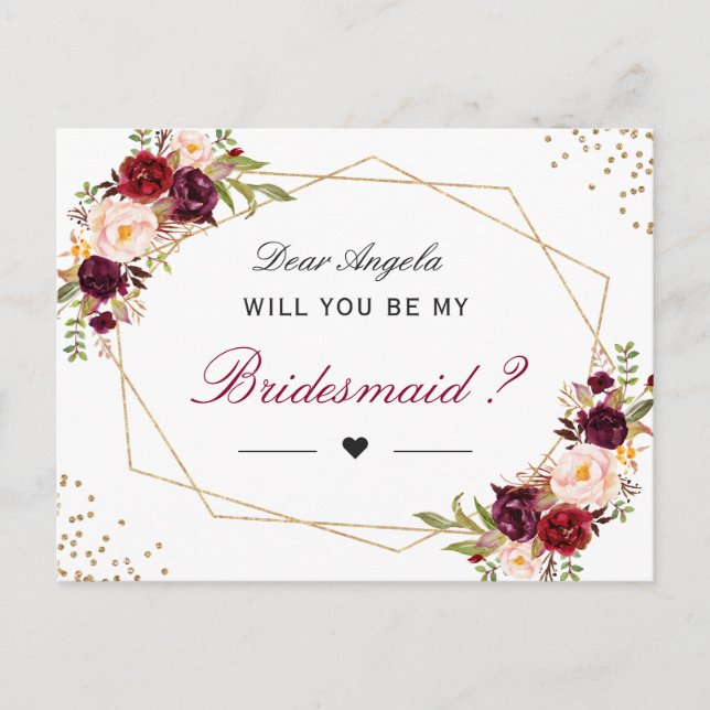 Red Floral Geometric Will You Be My Bridesmaid Invitation Postcard (Front)