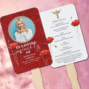 Red Floral Glitter Celebration of Life Hand Fan