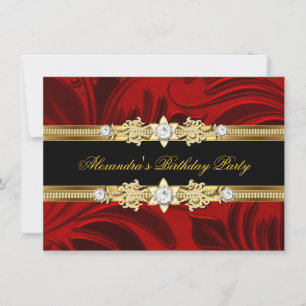 Red Floral Gold Black Elegant Birthday Party Invitation