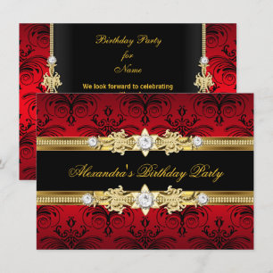 Red Floral Gold Black Women's Birthday Party Invitation