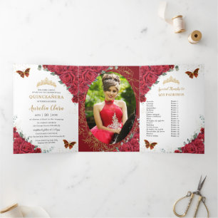 Red Floral Gold Butterflies Quinceañera 15 Photos Tri-Fold Invitation